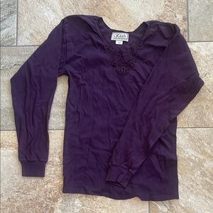 Purple Long-Sleeve V-Neck Top with Lace Trim